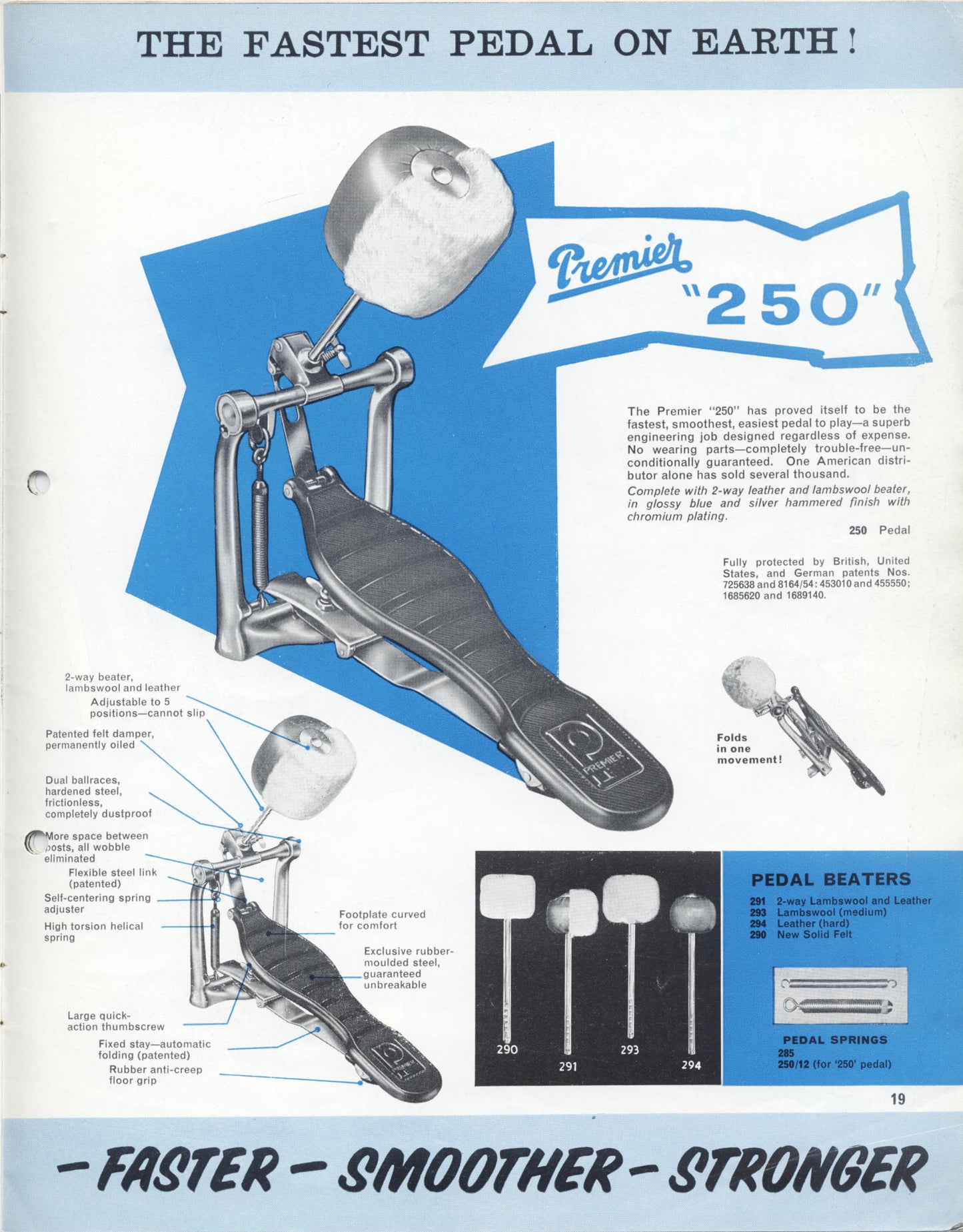 1960s Premier No. 250 Bass Drum Pedal w/ No. 291 Beater