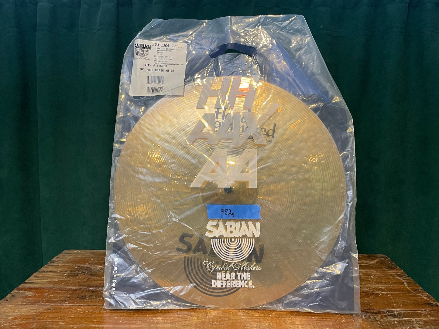 16" Sabian Hand Hammered HH Thin Crash Cymbal Brilliant 982g