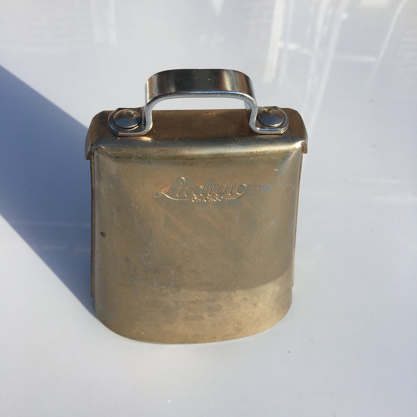 Vintage 1960s Ludwig Script Logo 5" Golden Tone Cow Bell With Hoop Mount