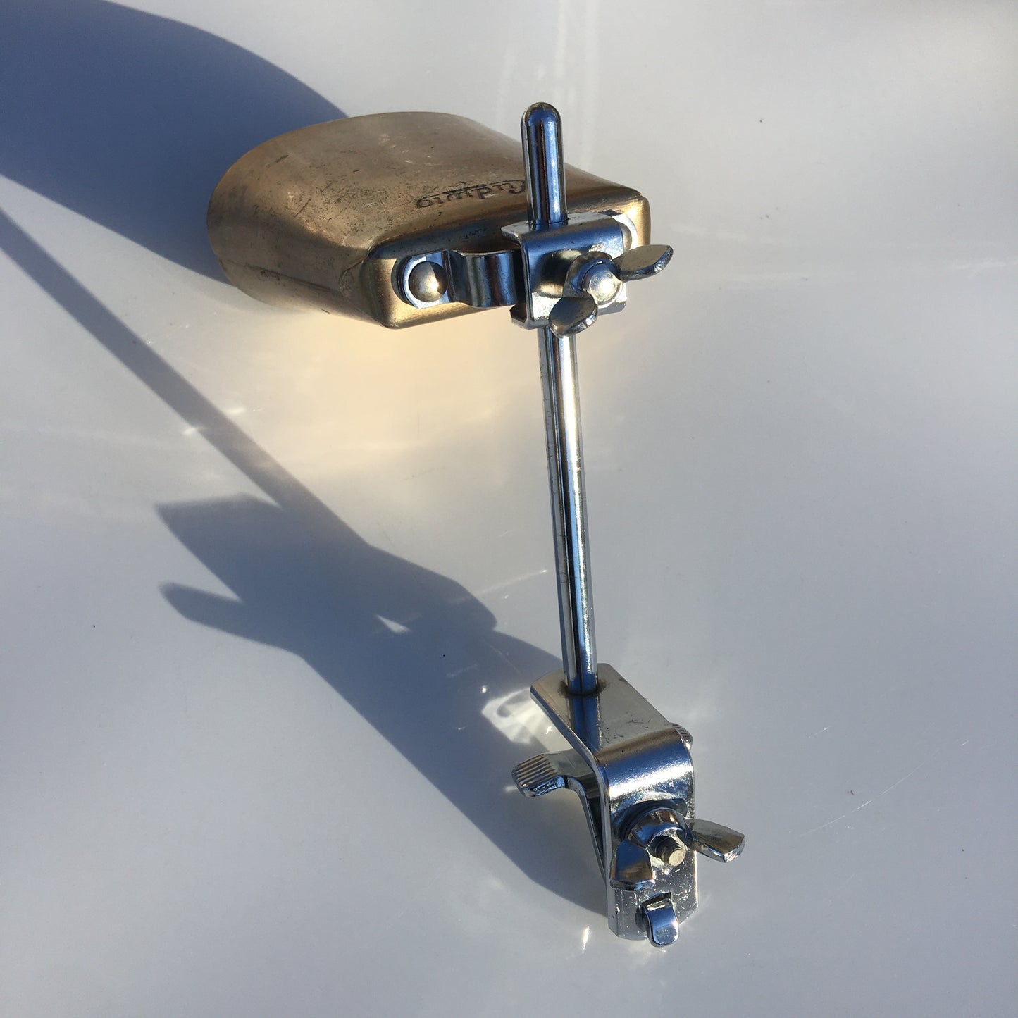 Vintage 1960s Ludwig Script Logo 5" Golden Tone Cow Bell With Hoop Mount