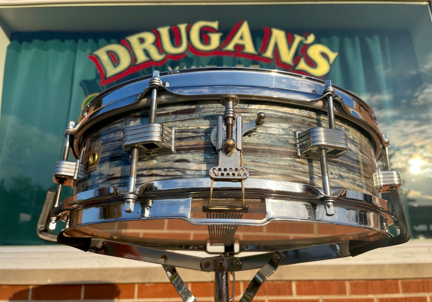 1960-1962 Ludwig 4x14 Downbeat Snare Drum Oyster Blue Pearl Pre-Serial Keystone Badge