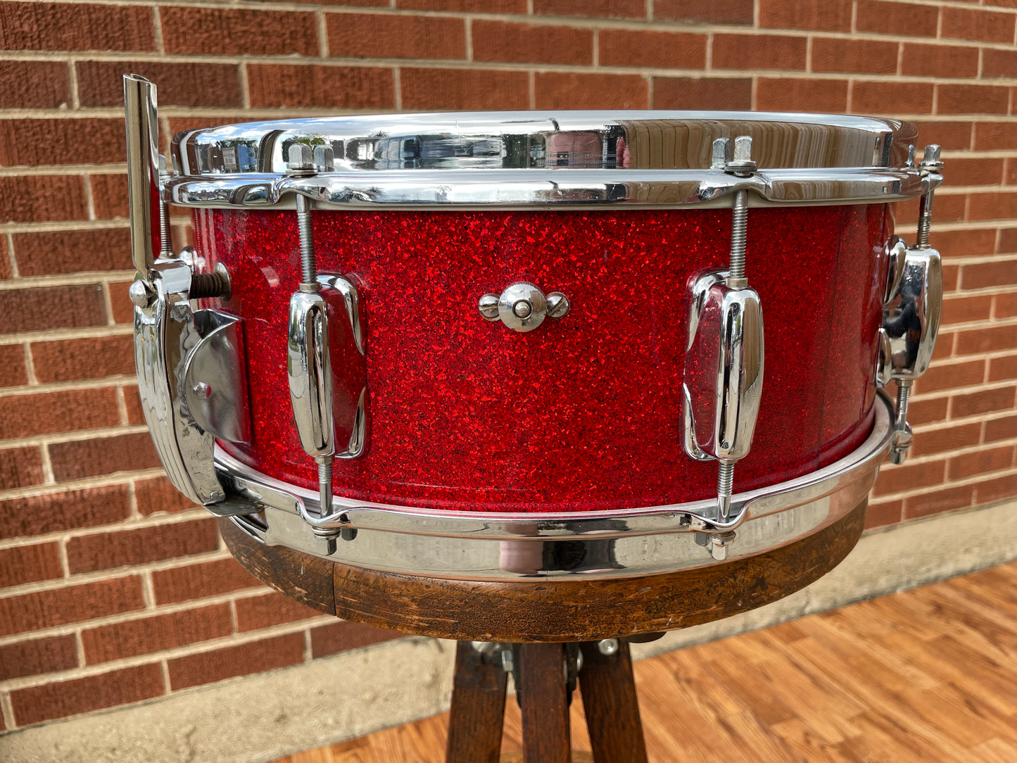 1953-56 Slingerland 5.5x14 Super Gene Krupa Radio King Snare Drum Red Sparkle Glass Glitter w/ Dog Tag Badge