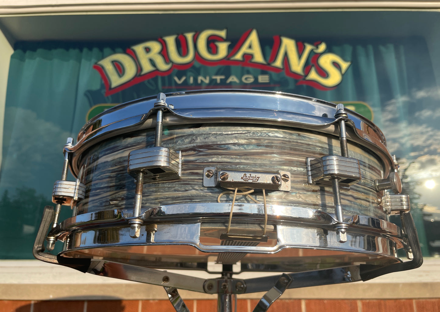 1960-1962 Ludwig 4x14 Downbeat Snare Drum Oyster Blue Pearl Pre-Serial Keystone Badge