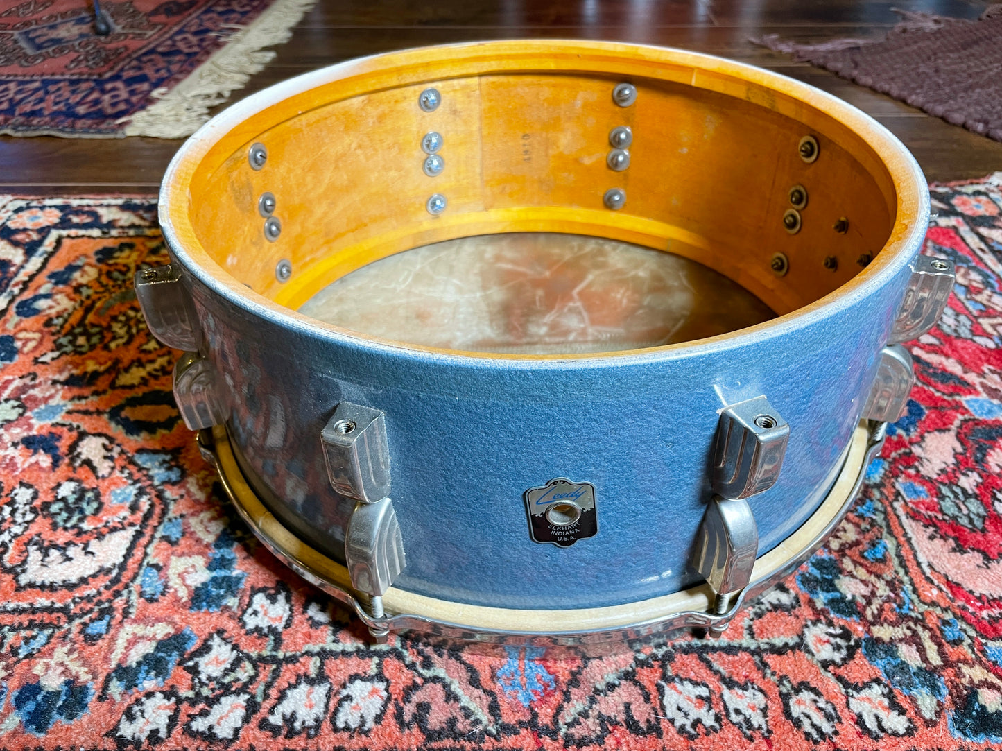 1948 Leedy 5.5x14 No. 380 Maple Snare Drum Antique Blue Lacquer Silver
