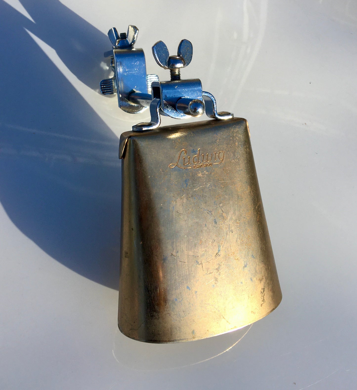 Vintage 1960s Ludwig Script Logo 5" Golden Tone Cow Bell With Hoop Mount