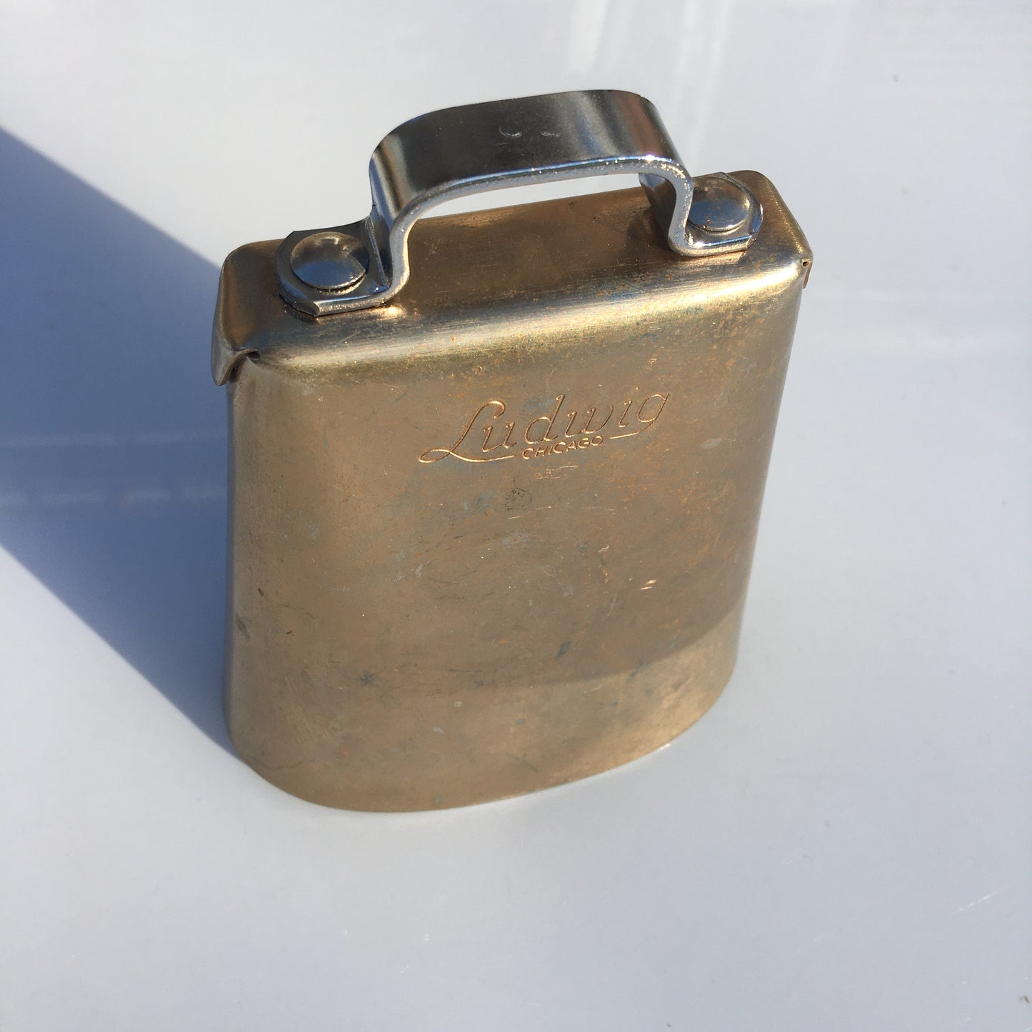 Vintage 1960s Ludwig Script Logo 5" Golden Tone Cow Bell With Hoop Mount