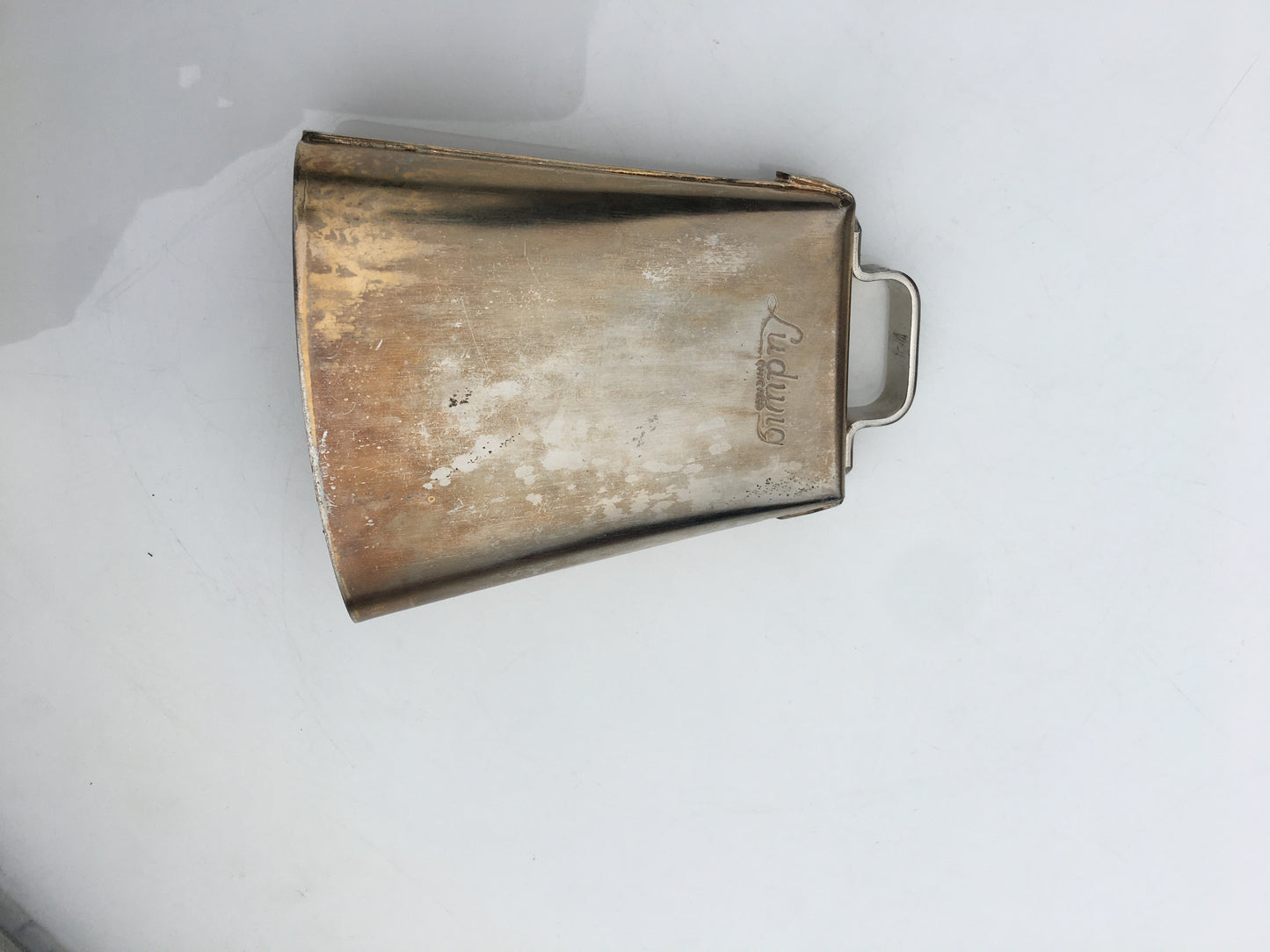Vintage 1960s Ludwig Script Logo 5" Golden Tone Cow Bell And Holder Gold Tone Cowbell