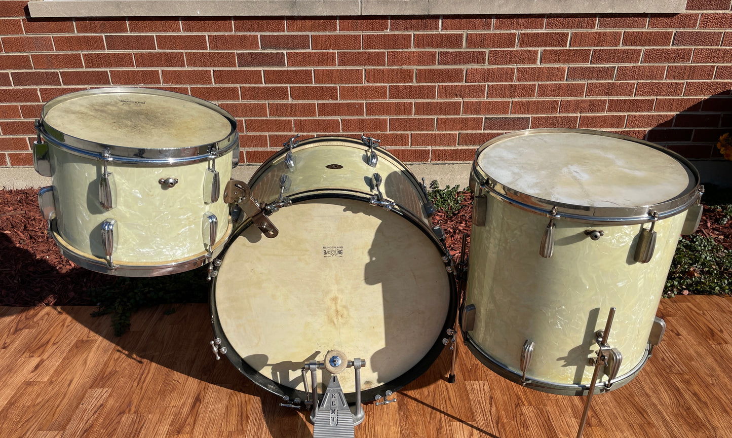 Vintage 1940s Slingerland Radio King Drum Set White Marine Pearl Cloud Badge *Video Demo*