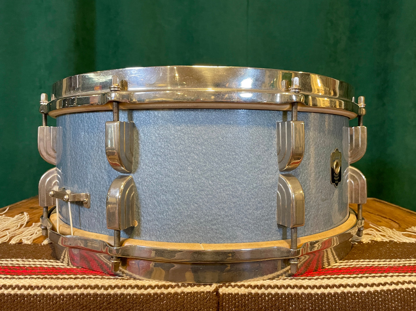 1948 Leedy 5.5x14 No. 380 Maple Snare Drum Antique Blue Lacquer Silver