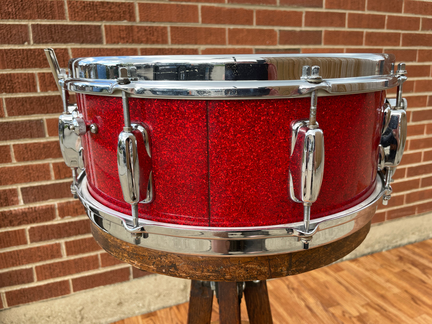 1953-56 Slingerland 5.5x14 Super Gene Krupa Radio King Snare Drum Red Sparkle Glass Glitter w/ Dog Tag Badge