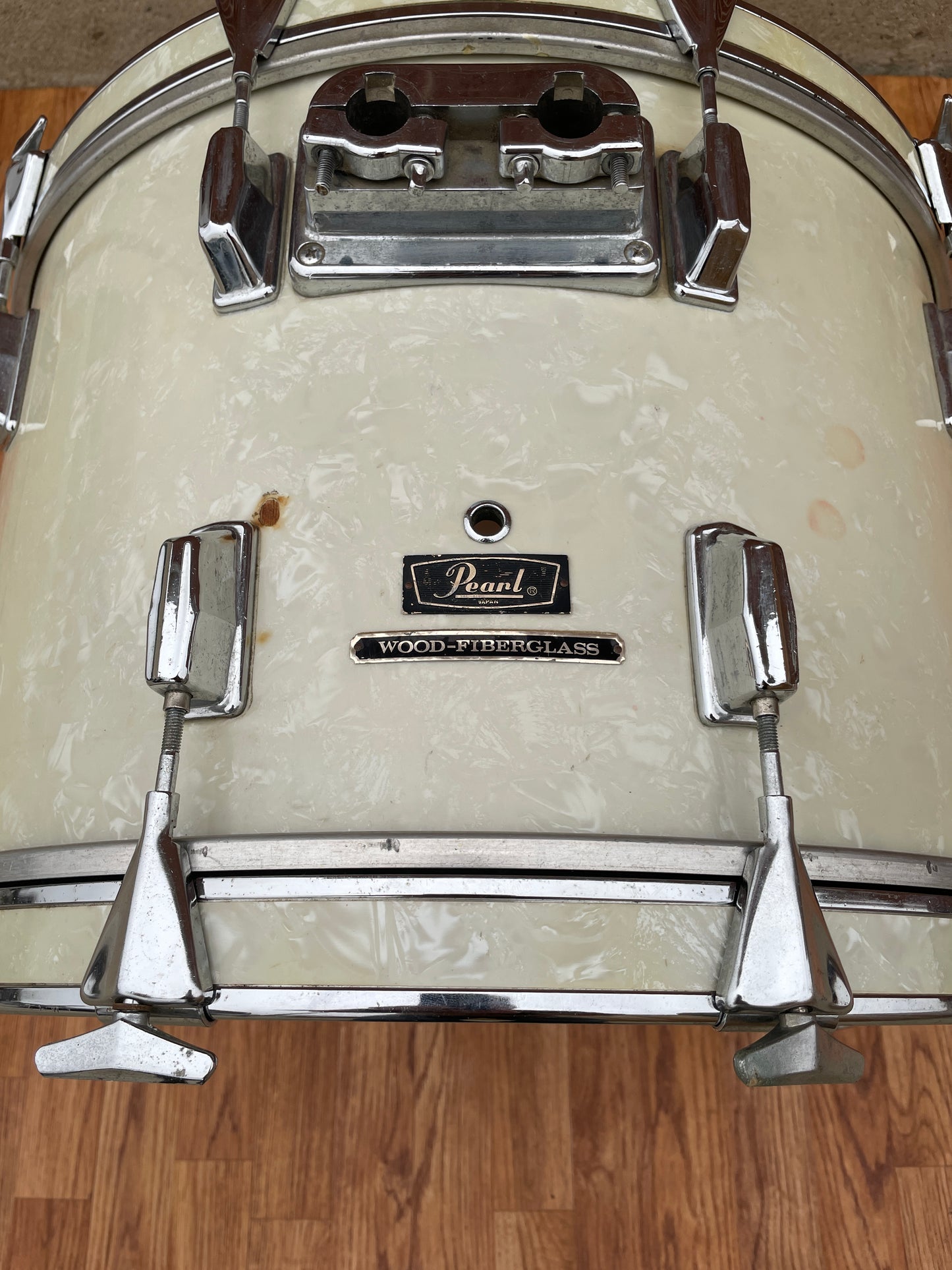 Vintage 1970s Pearl 14x22 Wood-Fiberglass Bass Drum White Marine Pearl