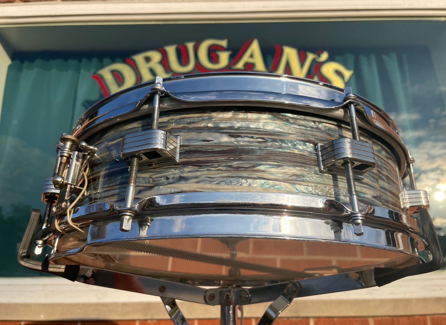 1960-1962 Ludwig 4x14 Downbeat Snare Drum Oyster Blue Pearl Pre-Serial Keystone Badge