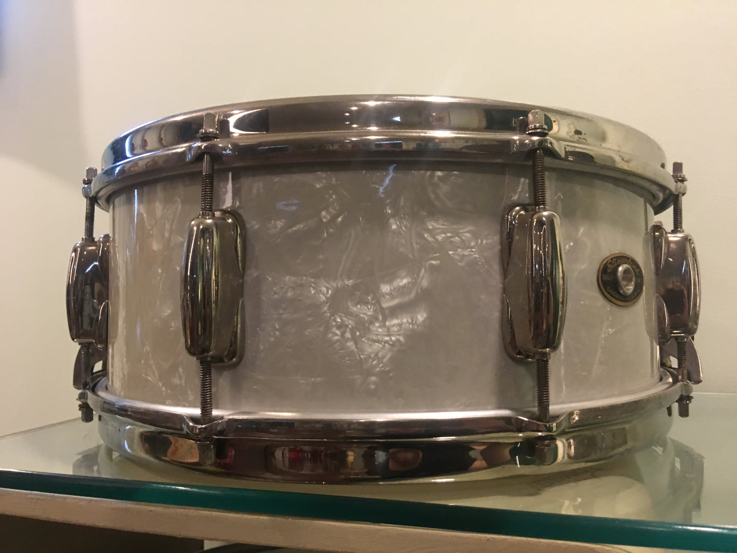 1950s Slingerland Radio King 5.5x14 White Marine Pearl Snare Drum Solid Shell