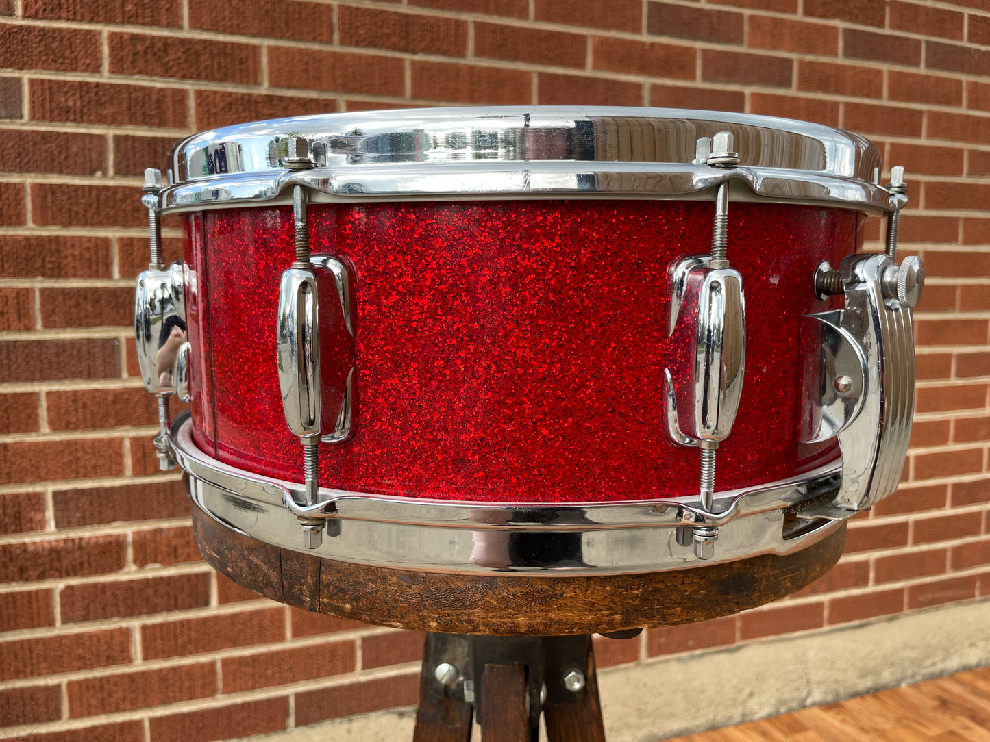 1953-56 Slingerland 5.5x14 Super Gene Krupa Radio King Snare Drum Red Sparkle Glass Glitter w/ Dog Tag Badge