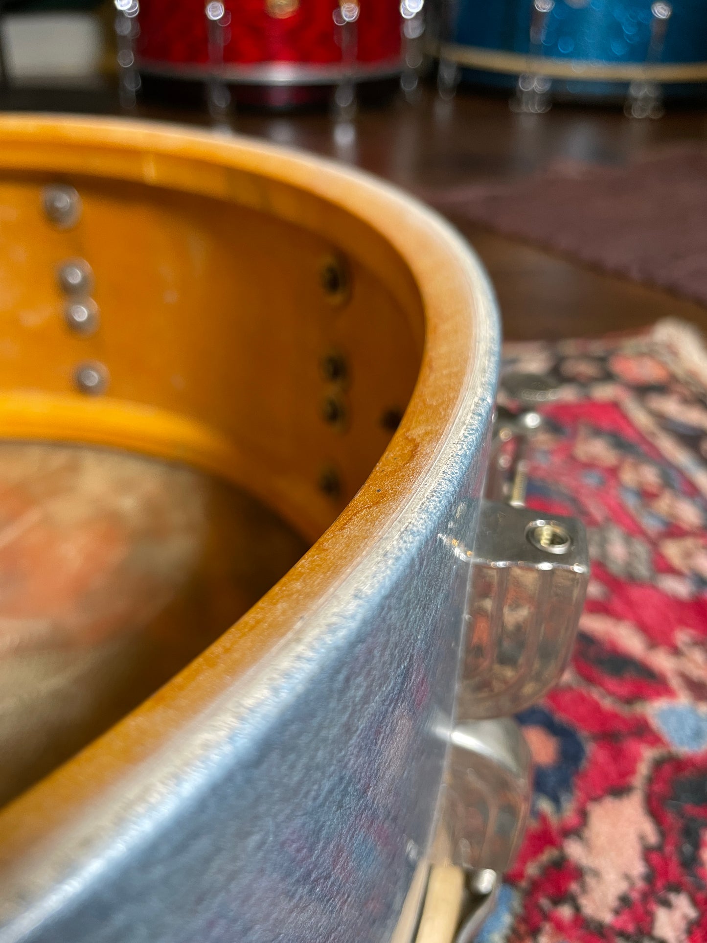 1948 Leedy 5.5x14 No. 380 Maple Snare Drum Antique Blue Lacquer Silver