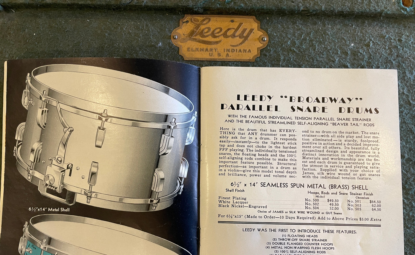 1930s Leedy 6.5x14 Chrome Over Brass Broadway Parallel Snare Drum COB *Video*