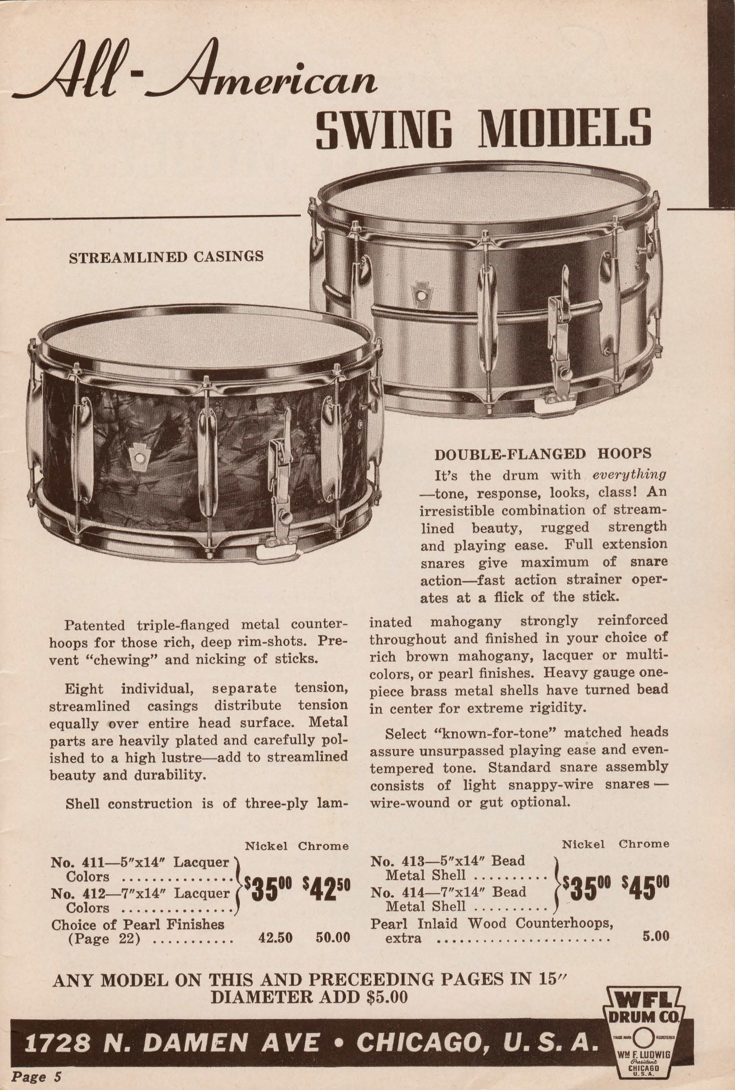 1940s WFL Ludwig 7x14 No. 412 Zephyr All American Swing Model Snare Drum White Marine Pearl Paramount