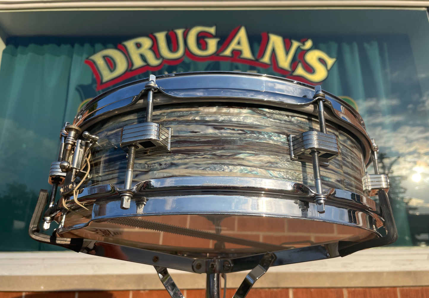 1960-1962 Ludwig 4x14 Downbeat Snare Drum Oyster Blue Pearl Pre-Serial Keystone Badge