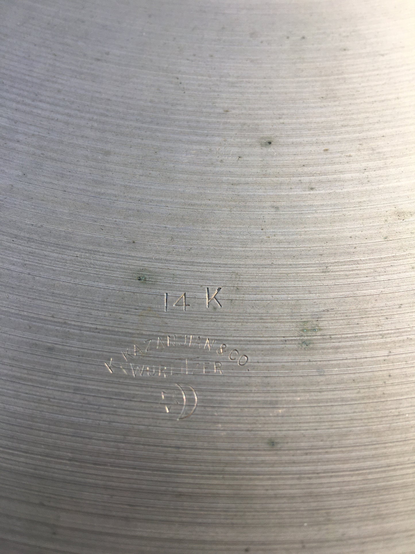 Extremely Rare 14" K. Kazanjian & Co Wurlitzer 1919-1920s Small Ride Cymbal 1342g #372