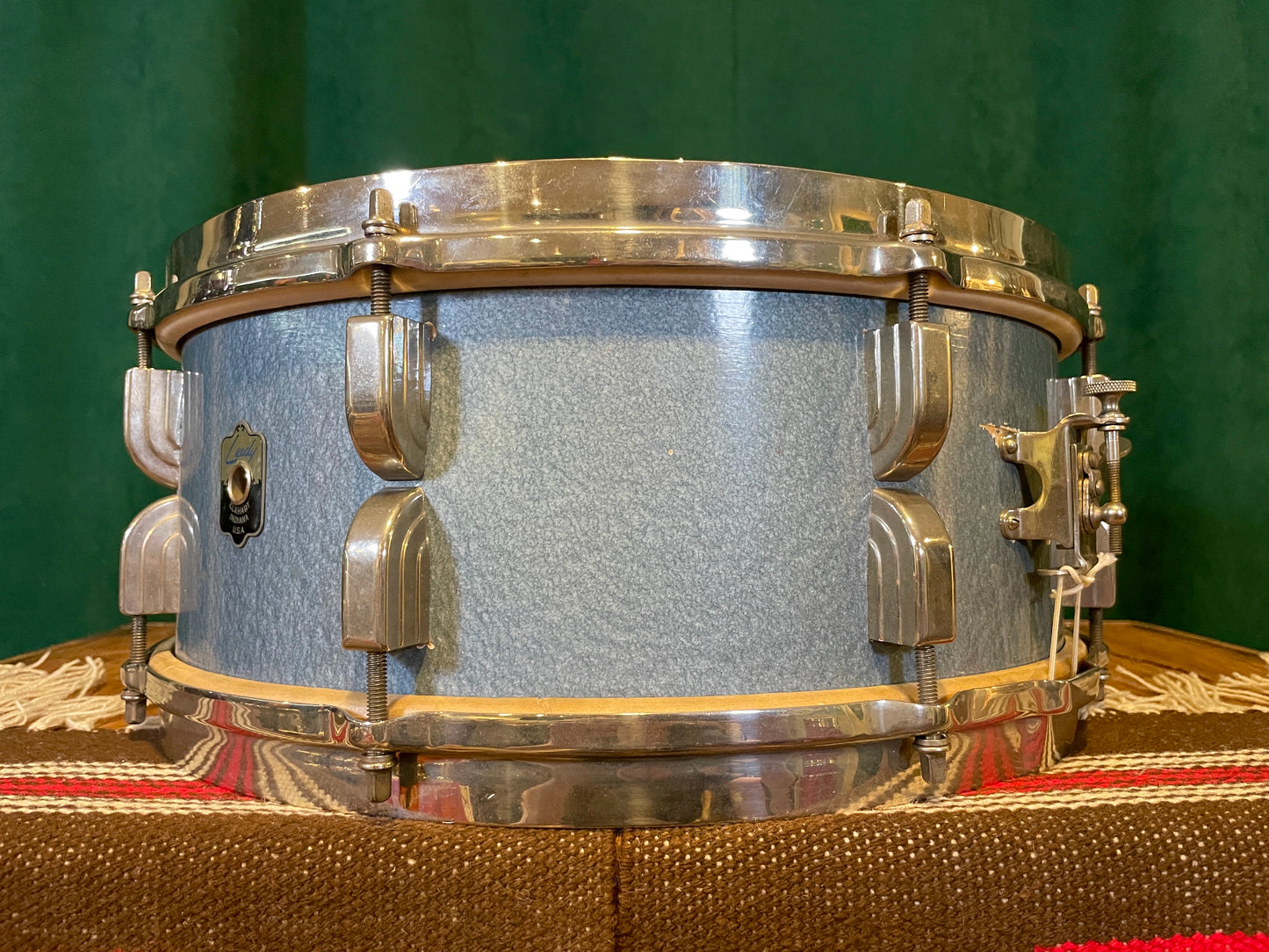 1948 Leedy 5.5x14 No. 380 Maple Snare Drum Antique Blue Lacquer Silver