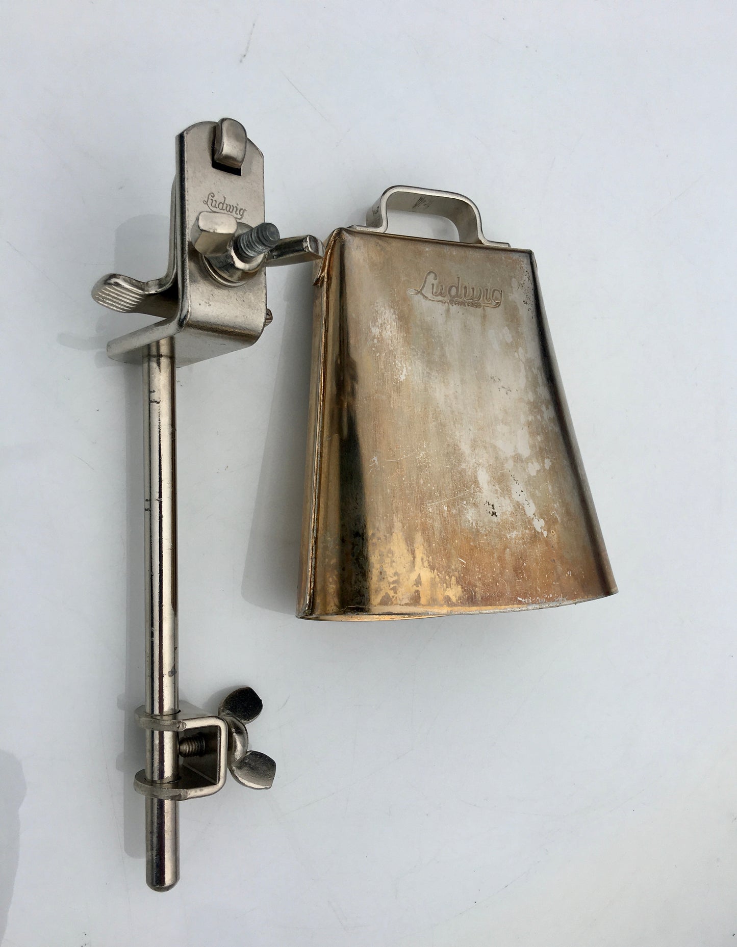 Vintage 1960s Ludwig Script Logo 5" Golden Tone Cow Bell And Holder Gold Tone Cowbell