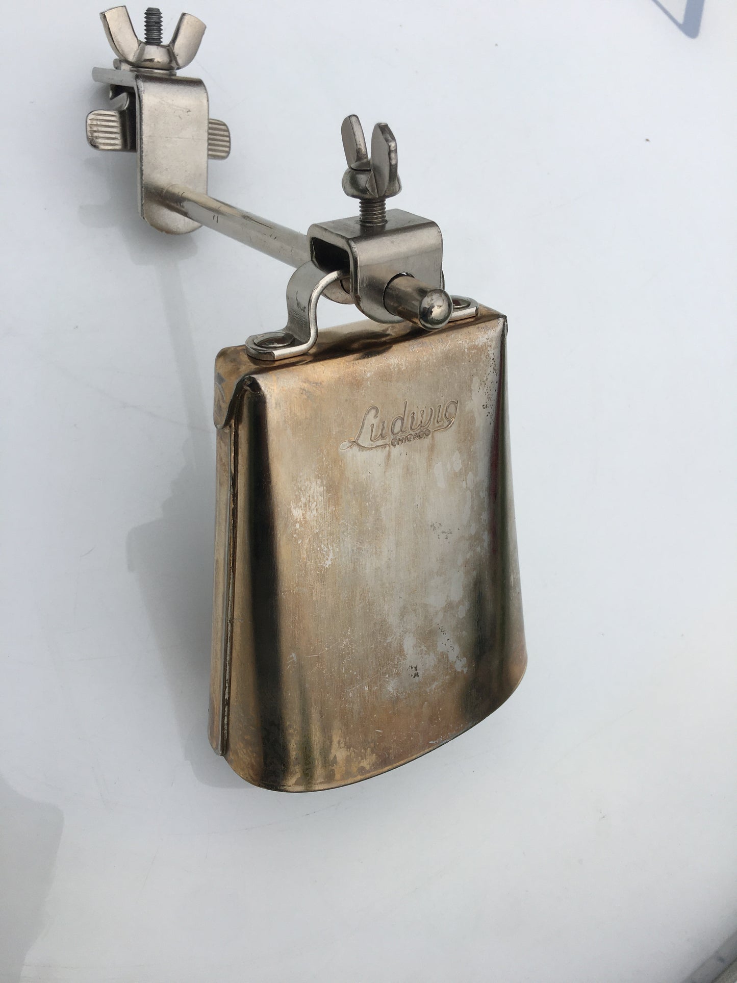 Vintage 1960s Ludwig Script Logo 5" Golden Tone Cow Bell And Holder Gold Tone Cowbell