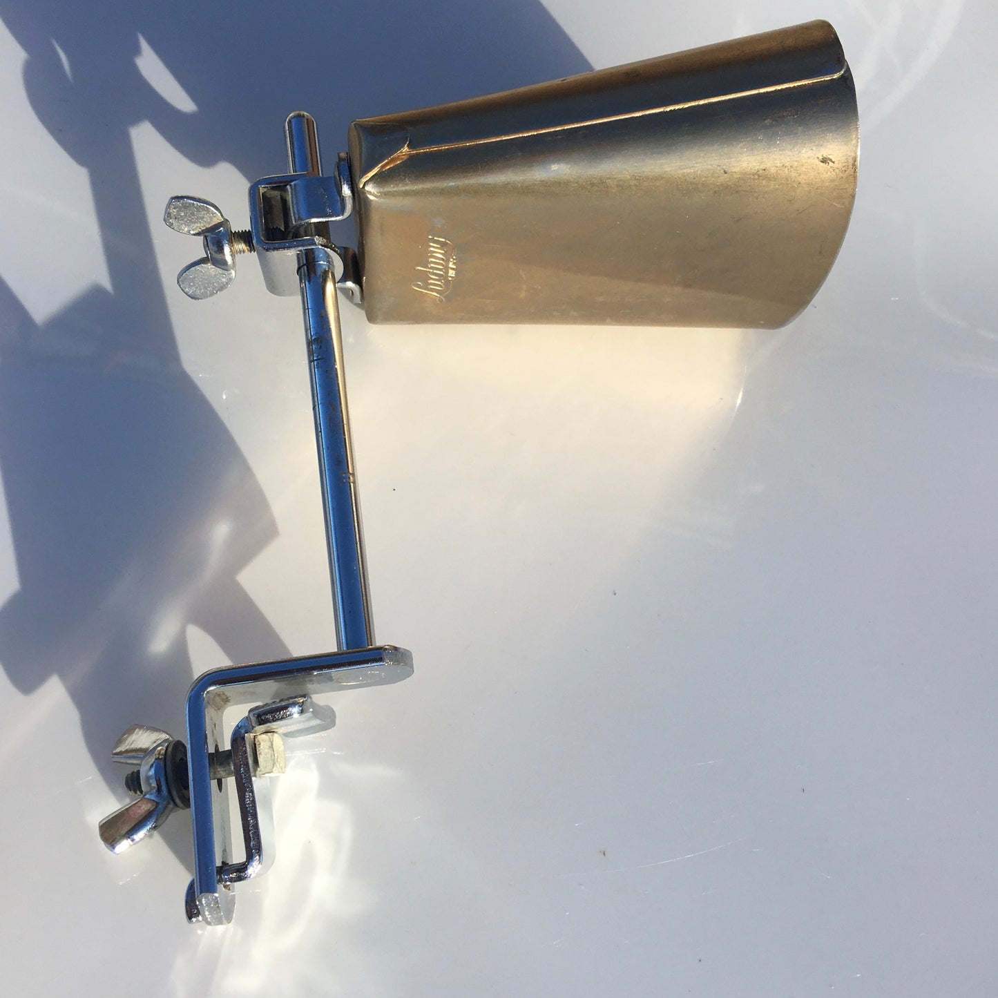 Vintage 1960s Ludwig Script Logo 5" Golden Tone Cow Bell With Hoop Mount