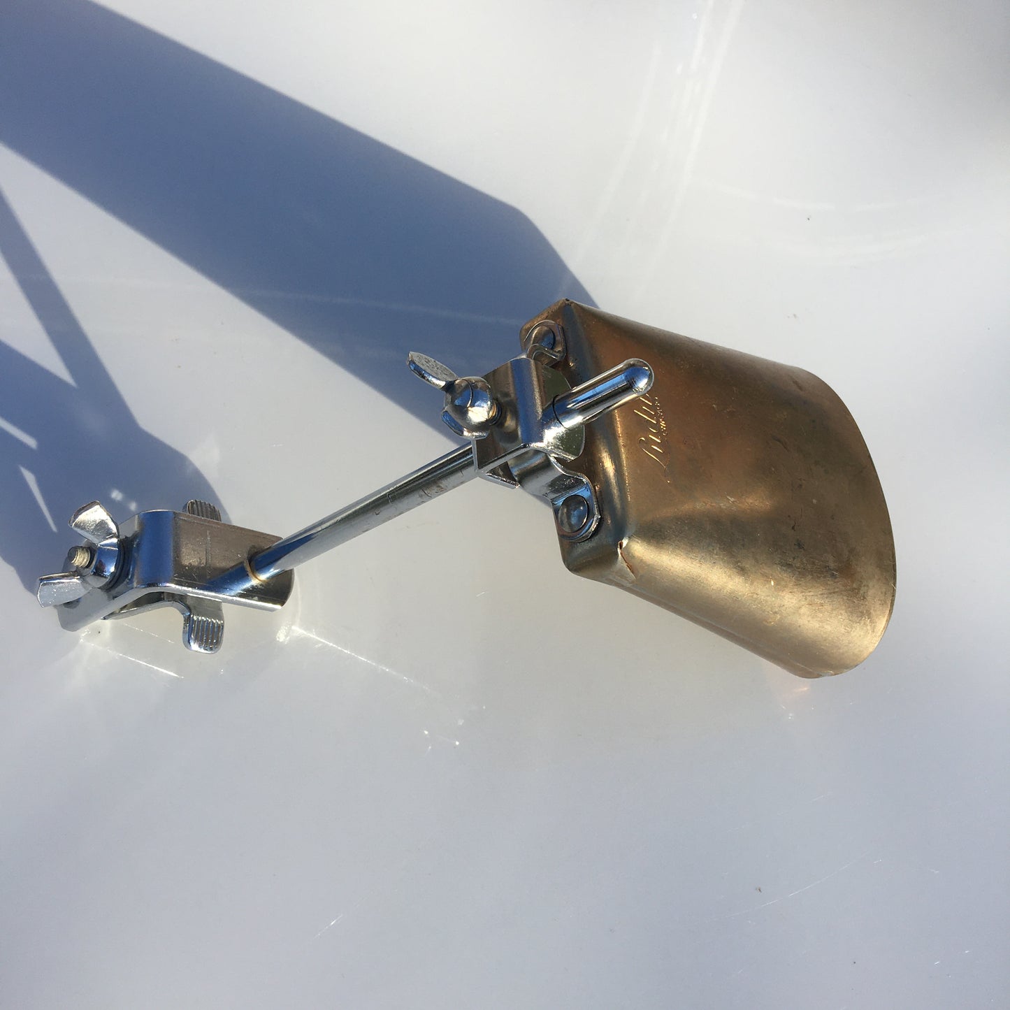 Vintage 1960s Ludwig Script Logo 5" Golden Tone Cow Bell With Hoop Mount