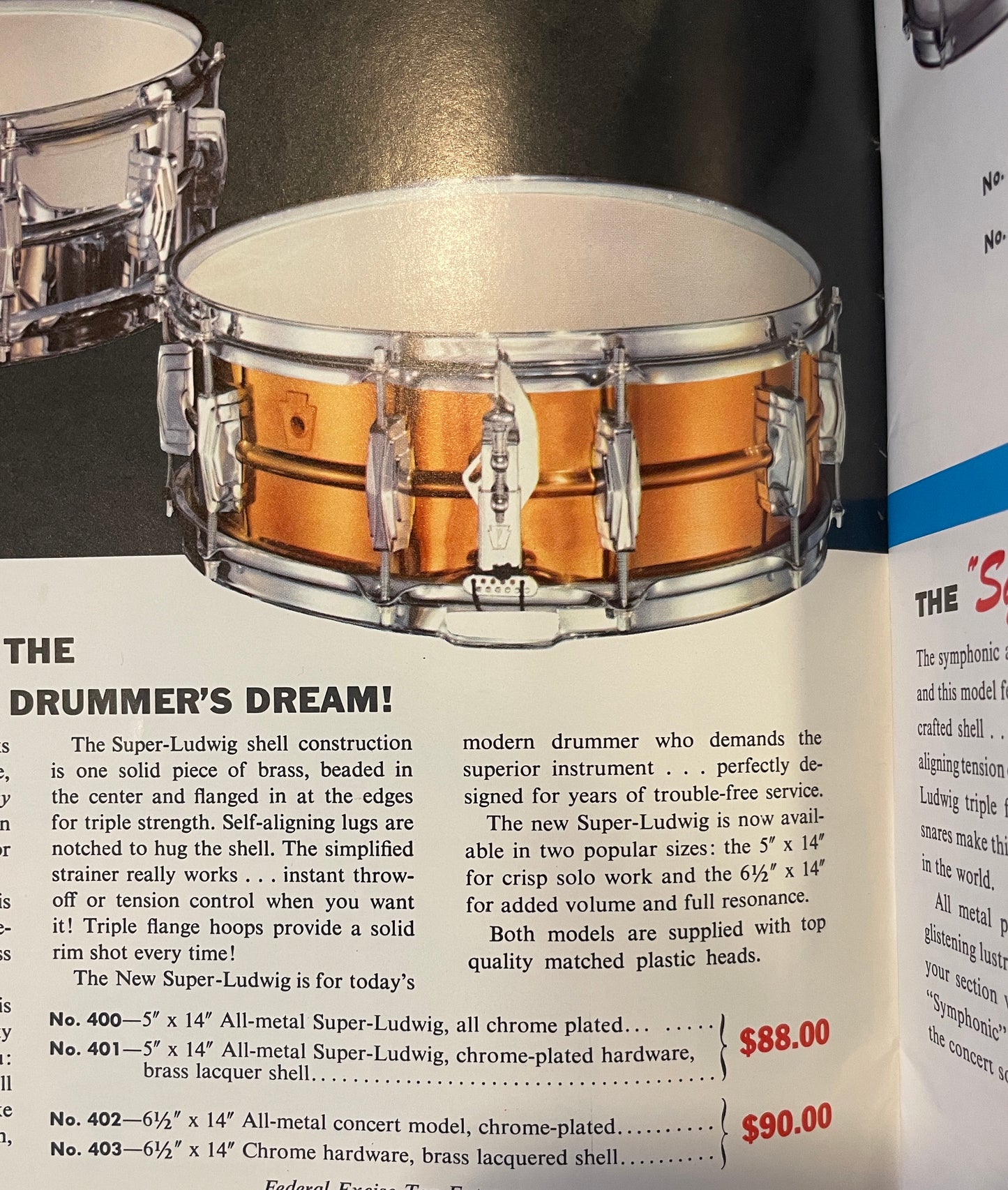 1958-60 Ludwig Trans Badge Super 401 5x14 Lacquered Brass Supraphonic Snare Drum