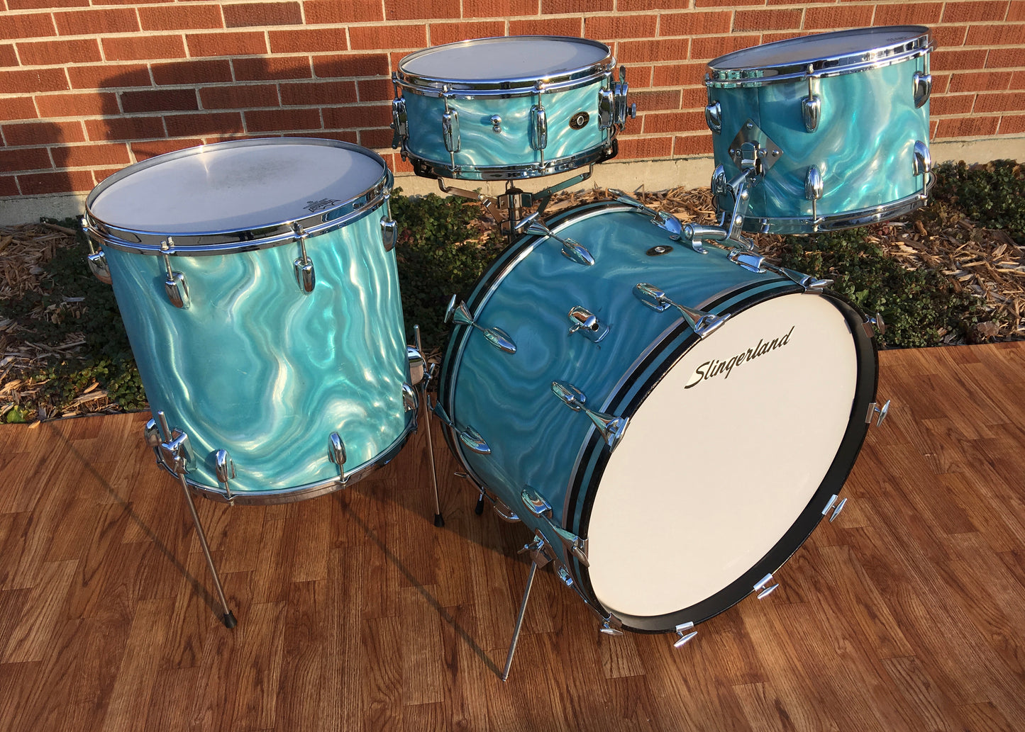 1966 Slingerland Drum Set Green Satin Flame 22/13/16/Artist 5.5x14 Snare