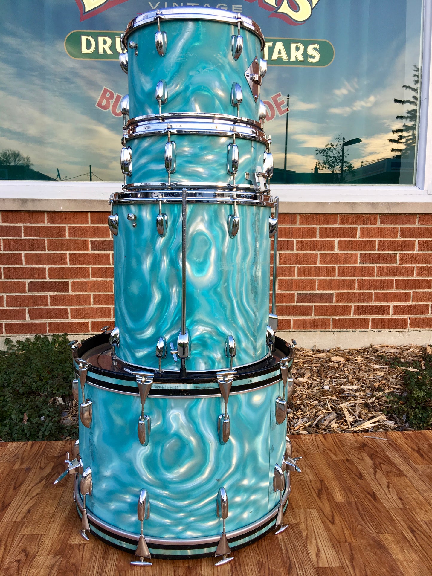 1966 Slingerland Drum Set Green Satin Flame 22/13/16/Artist 5.5x14 Snare