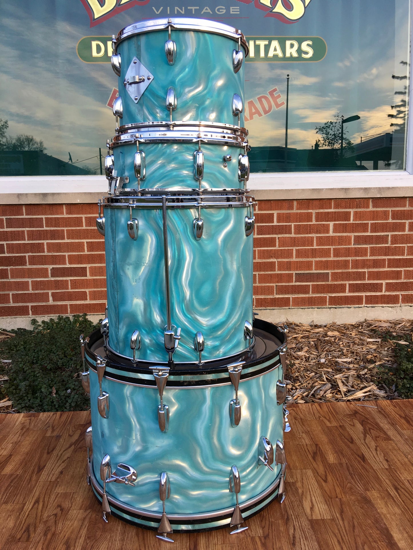 1966 Slingerland Drum Set Green Satin Flame 22/13/16/Artist 5.5x14 Snare