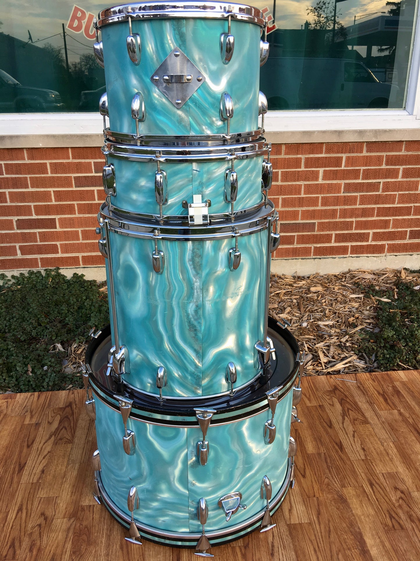 1966 Slingerland Drum Set Green Satin Flame 22/13/16/Artist 5.5x14 Snare