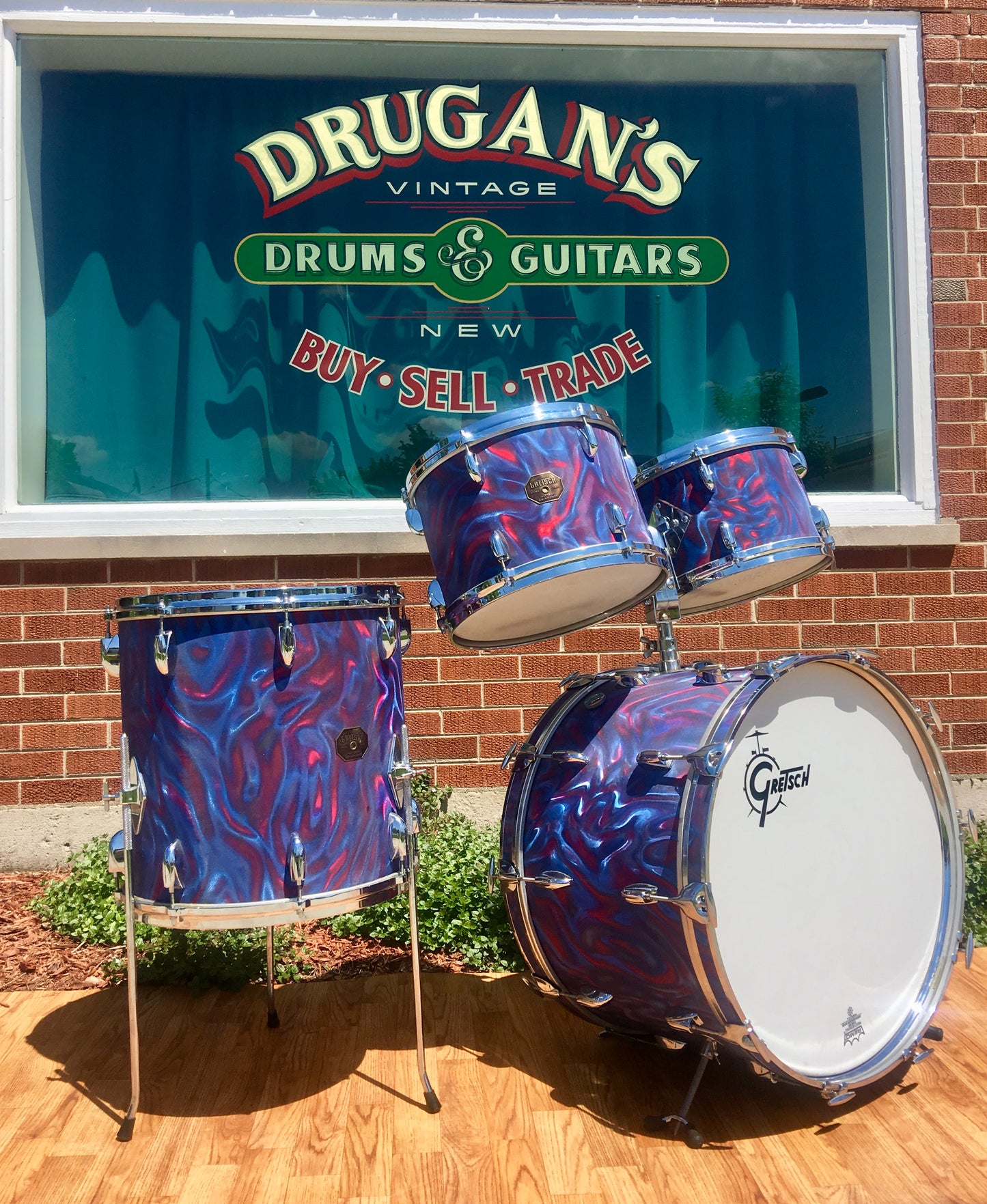 1971 Gretsch Stop Sign Badge Drum Set in Peacock Satin Flame