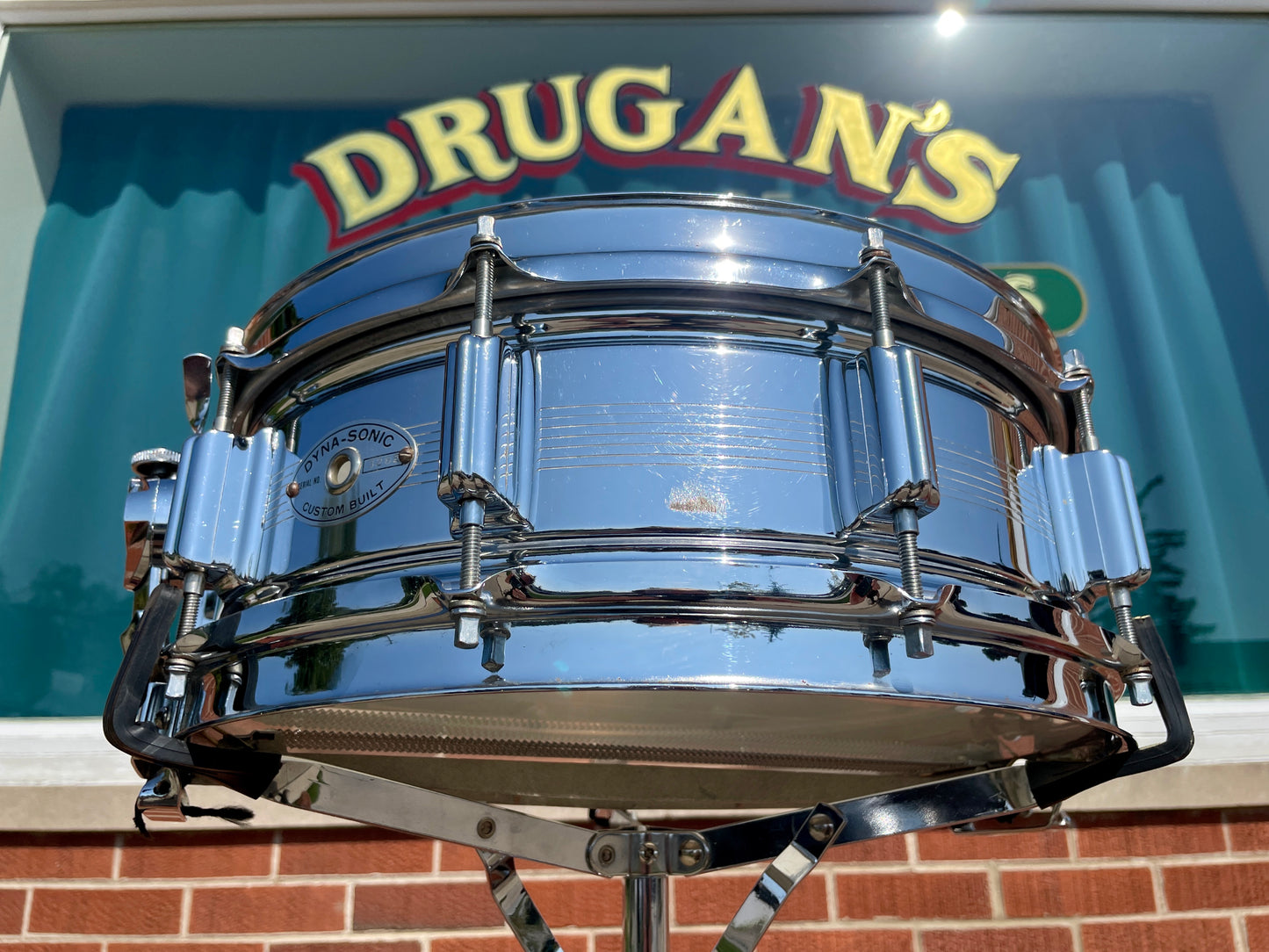 Early 1960s Rogers 5x14 Dynasonic 7-Line Snare Drum Chrome Over Brass Dyna-Sonic COB