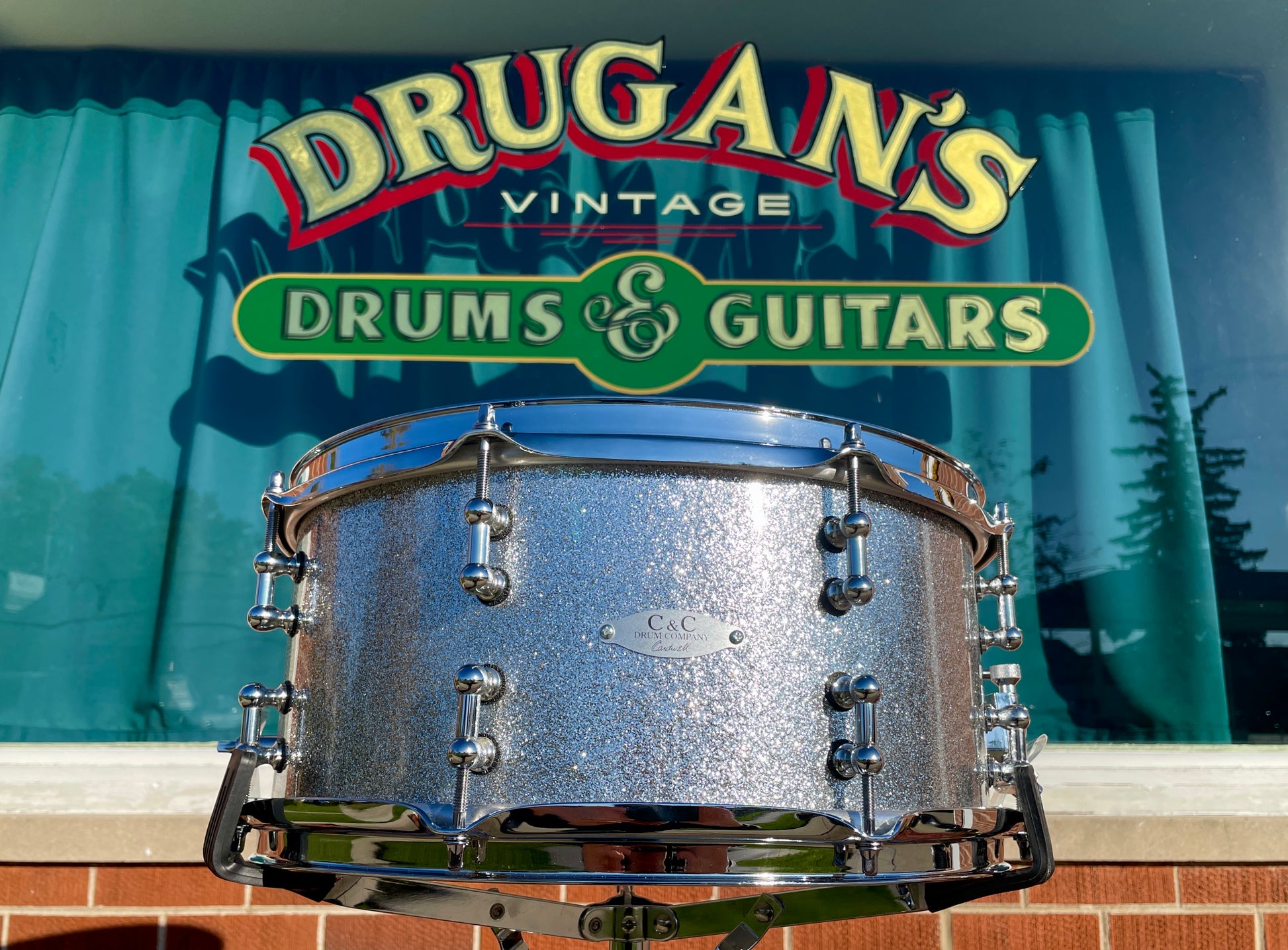 C&C Drum Company 6.5x14 Steel Snare Drum Silver Sparkle, Badge