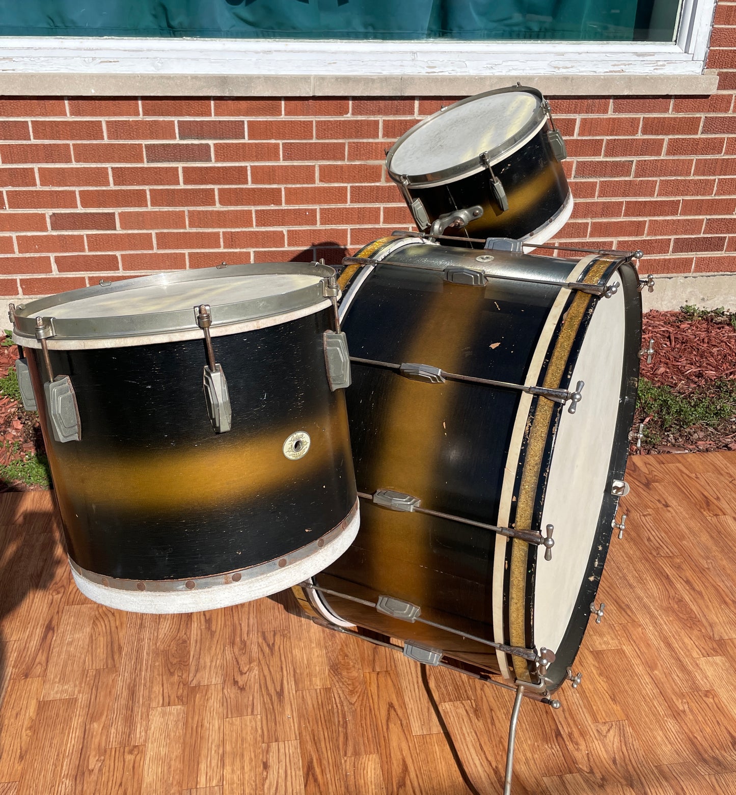 1940s Ludwig Drum Set Black / Gold Duco w/ White & Silver Enamel Badge