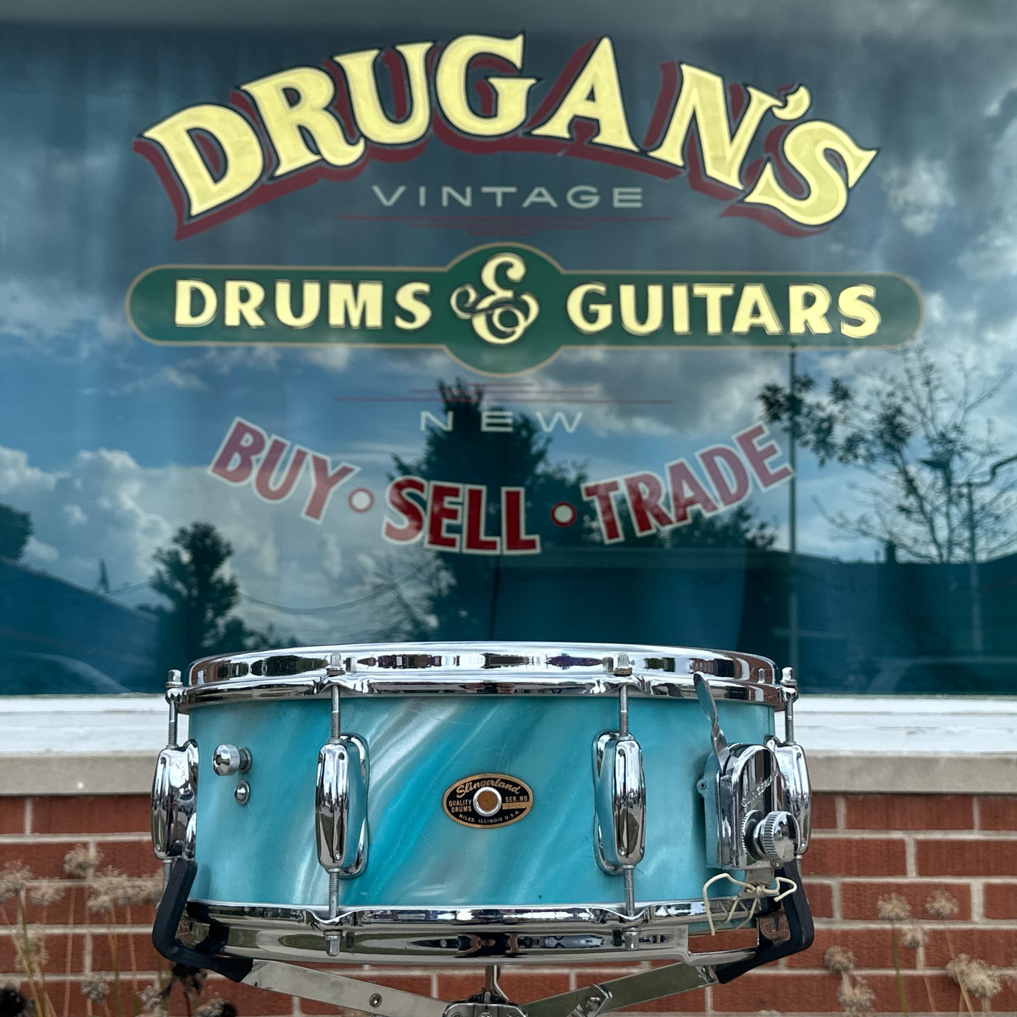 1960s Slingerland 5.5x14 Artist Model 3-Ply Snare Drum Aqua Green Satin Flame 8 Lug