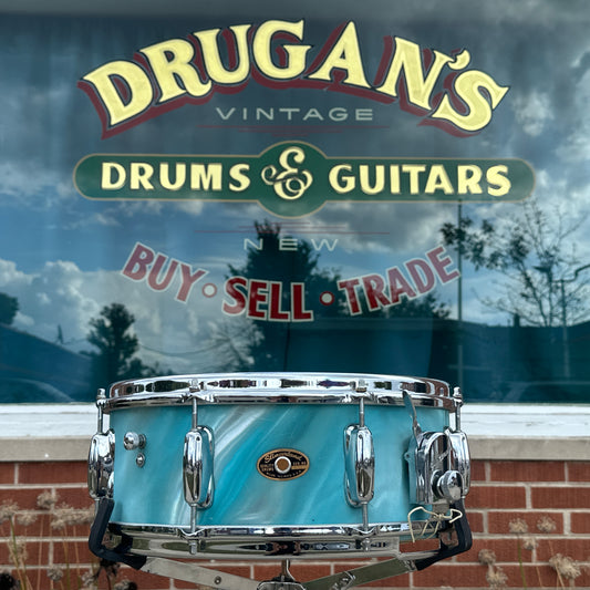1960s Slingerland 5.5x14 Artist Model 3-Ply Snare Drum Aqua Green Satin Flame 8 Lug