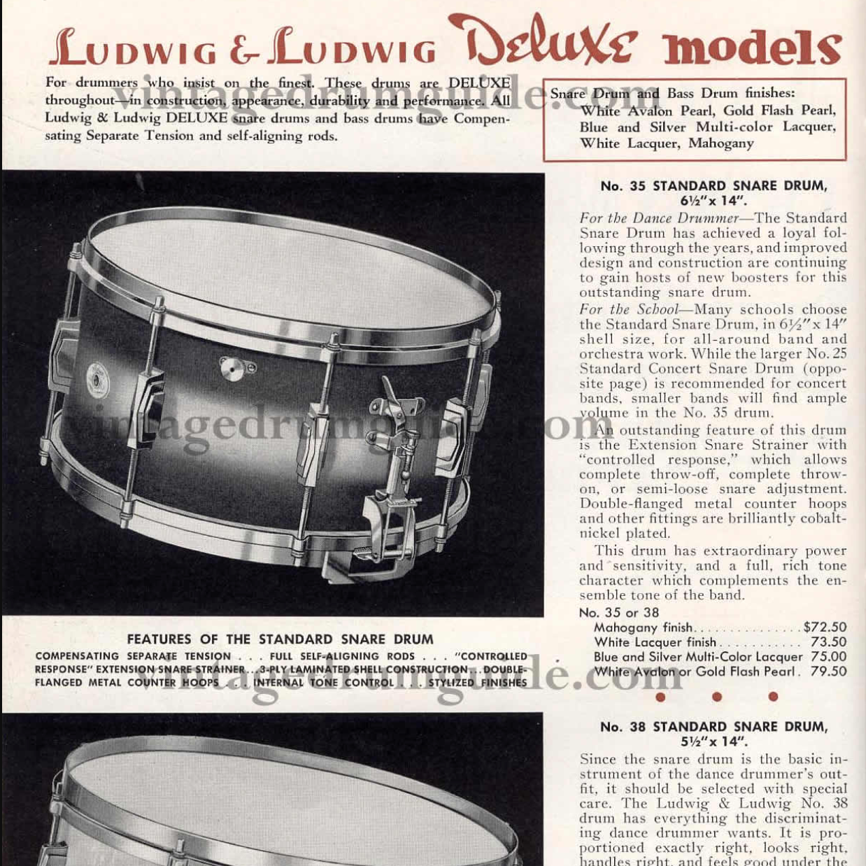 1947 Ludwig & Ludwig 6.5x14 Standard No. 35 Snare Drum White Marine Pearl Elkhart