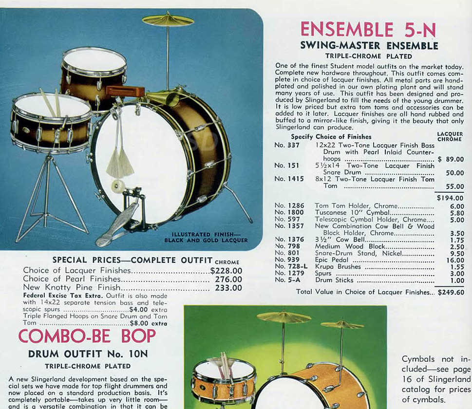 1959 Slingerland Swingmaster Ensemble 5-N Outfit Drum Set Black Gold Duco 12x22/12/5.5x14