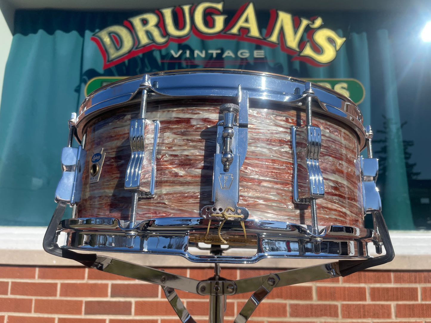 1960 Ludwig No. 908P Jazz Festival 5x14 Snare Drum Oyster Pink Pearl Trans Badge COB