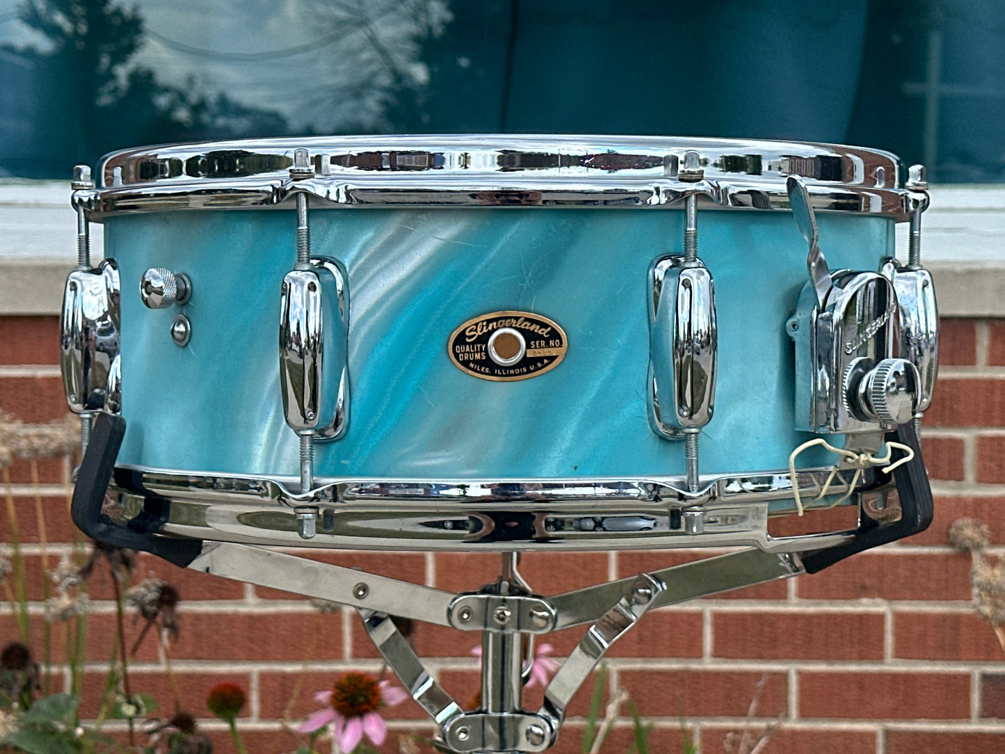 1960s Slingerland 5.5x14 Artist Model 3-Ply Snare Drum Aqua Green Satin Flame 8 Lug
