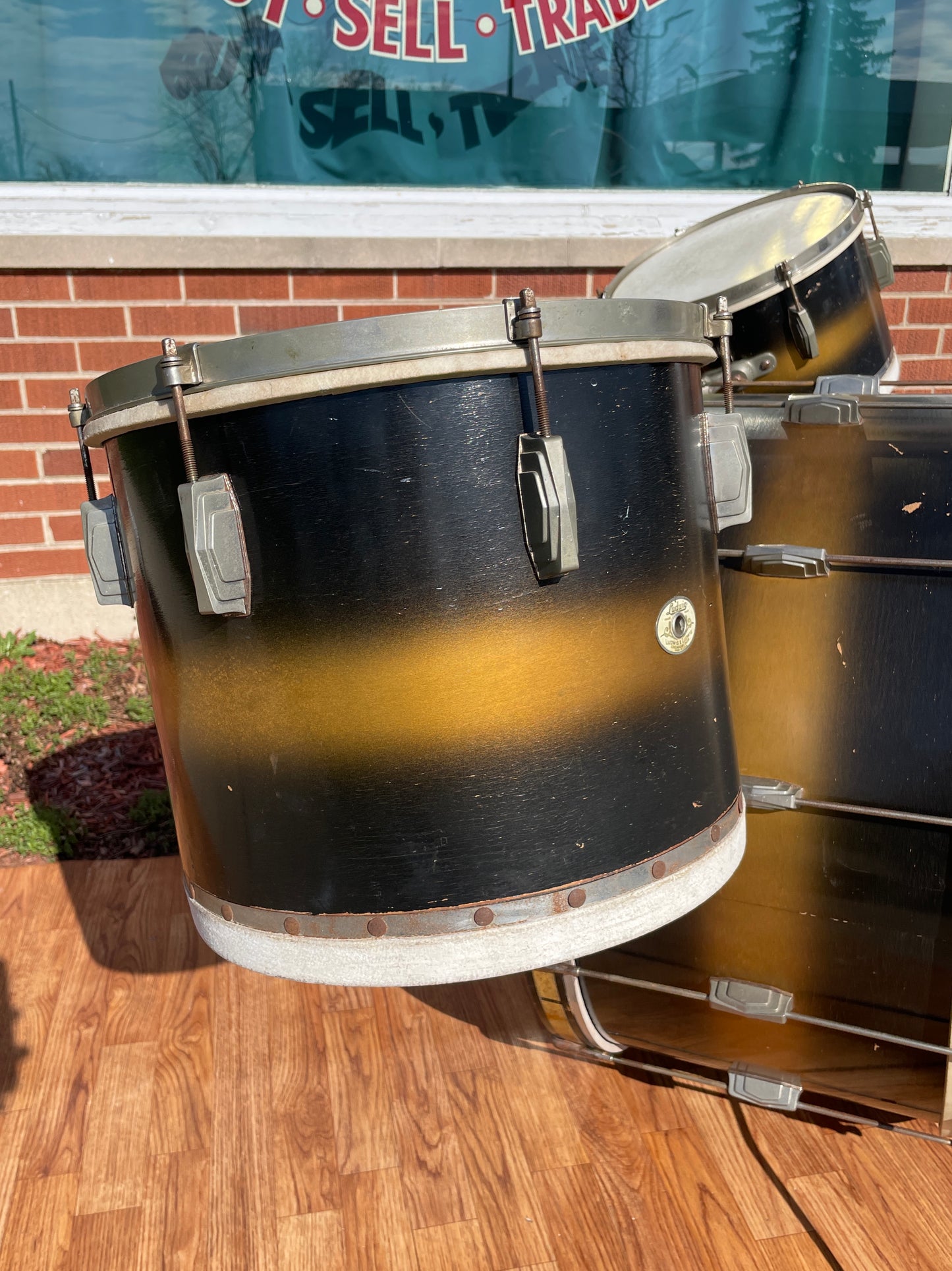 1940s Ludwig Drum Set Black / Gold Duco w/ White & Silver Enamel Badge