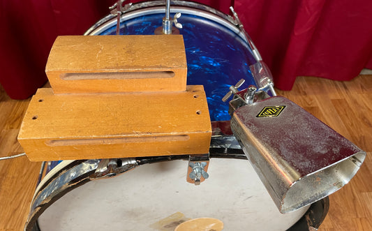 Vintage Duplex Cowbell and Tik-Tak 2-Step Wood Block Set w/ Mount