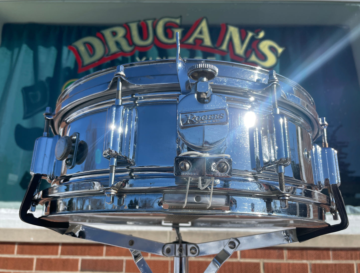 1960s Rogers 5x14 Powertone Chrome Over Brass Snare Drum COB