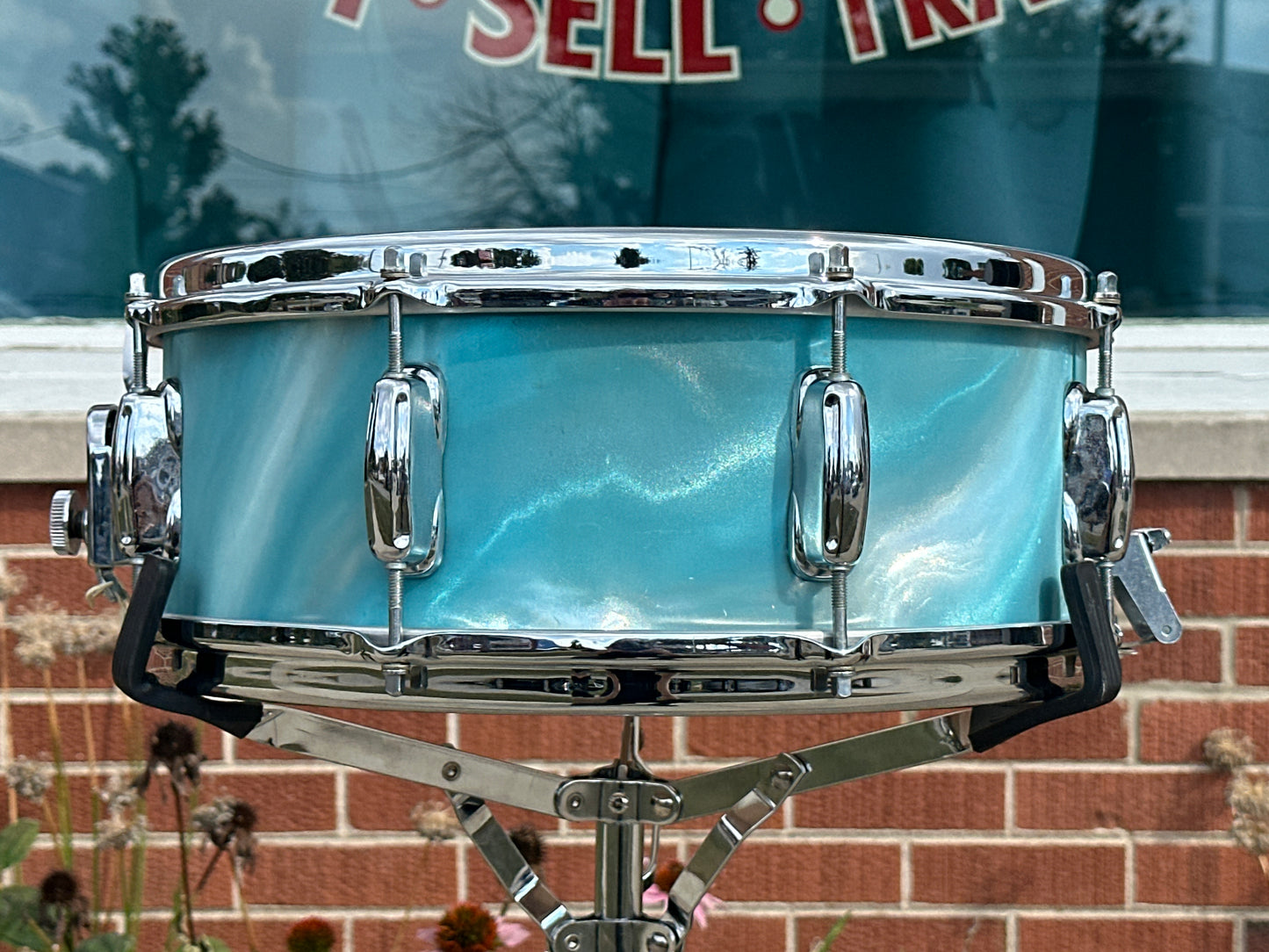 1960s Slingerland 5.5x14 Artist Model 3-Ply Snare Drum Aqua Green Satin Flame 8 Lug