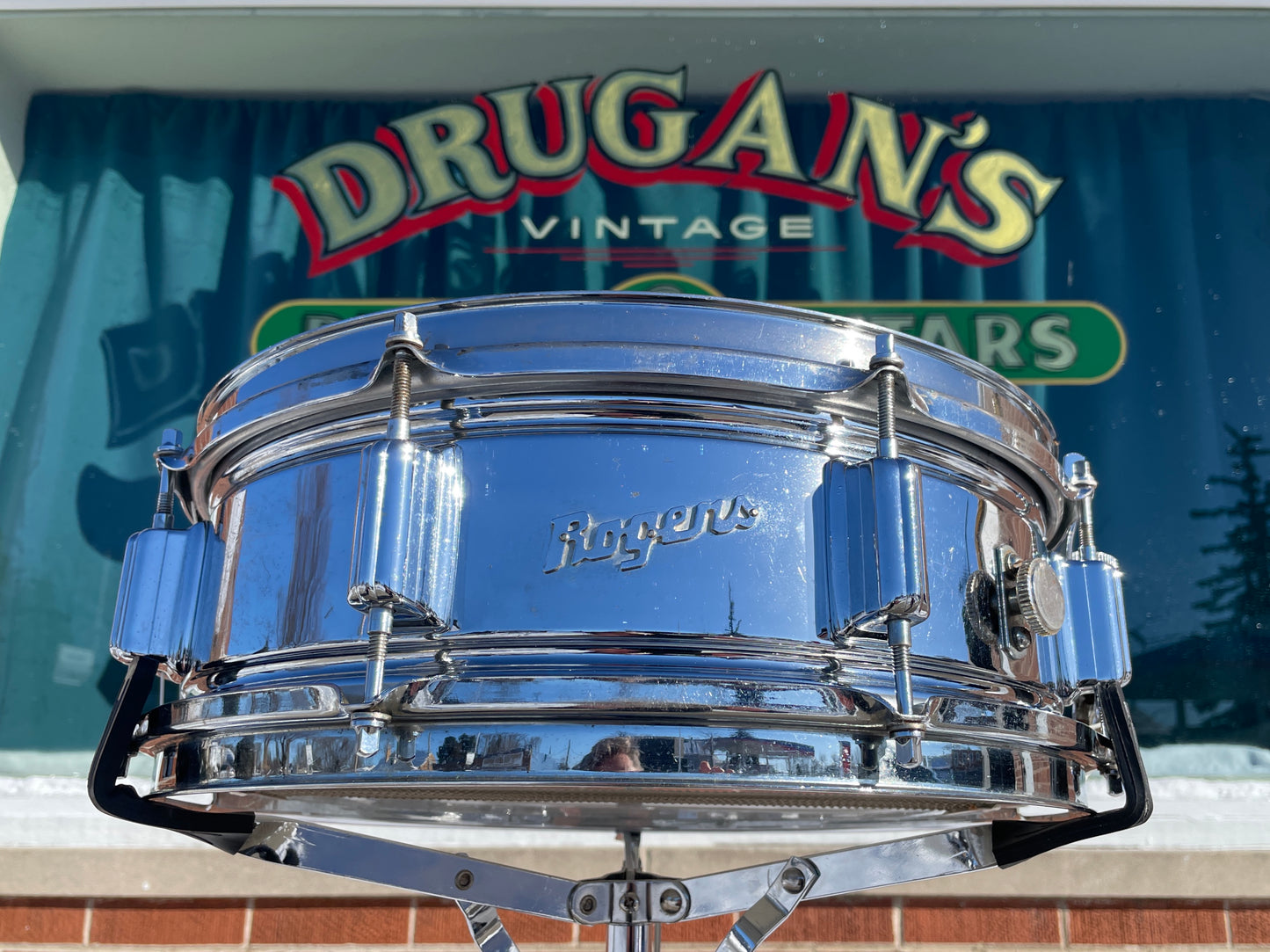 1960s Rogers 5x14 Powertone Chrome Over Brass Snare Drum COB