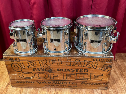 1980s Pearl F Series 6/8/10 Fiberglass Tom Set Chrome w/ TH-90 Tom Arms MIJ