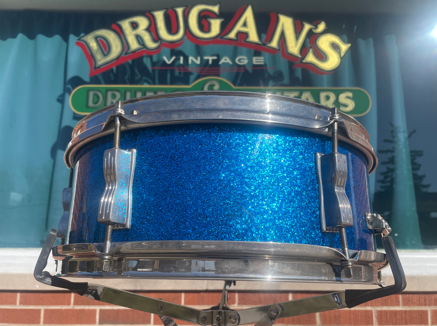 Early 1960s Ludwig Pre-Serial 5x14 No. 491 Pioneer Snare Drum Blue Sparkle Brass Hoops